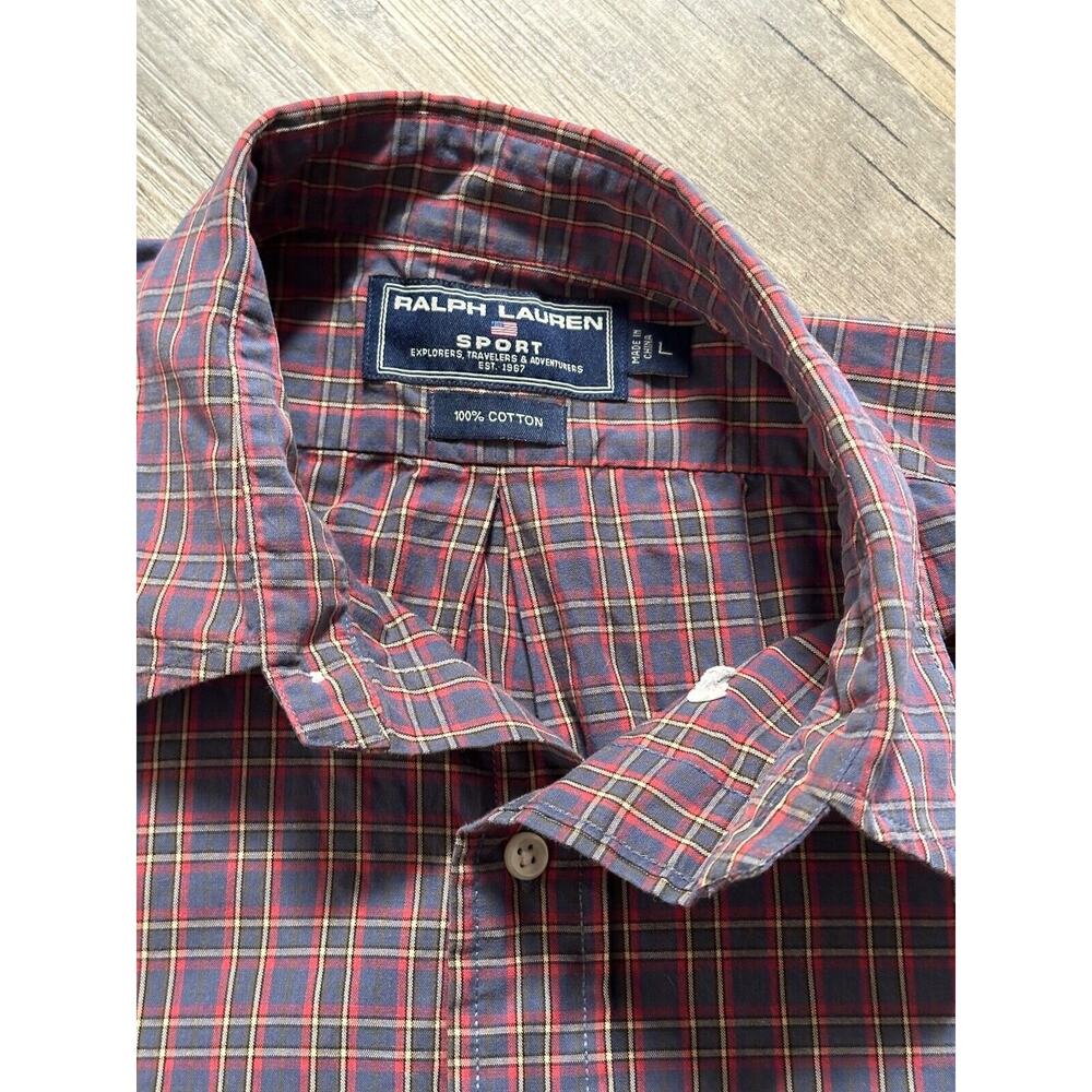 Polo Sport Shirt Ralph Lauren Button Up Mens Large Red Plaid Cotton Y2K VTG - Picture 5 of 7